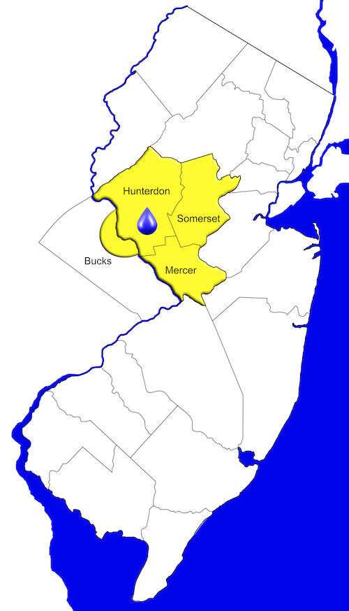 Map of New Jersey with Hunterdon, Somerset, Mercer Counties Highlighted