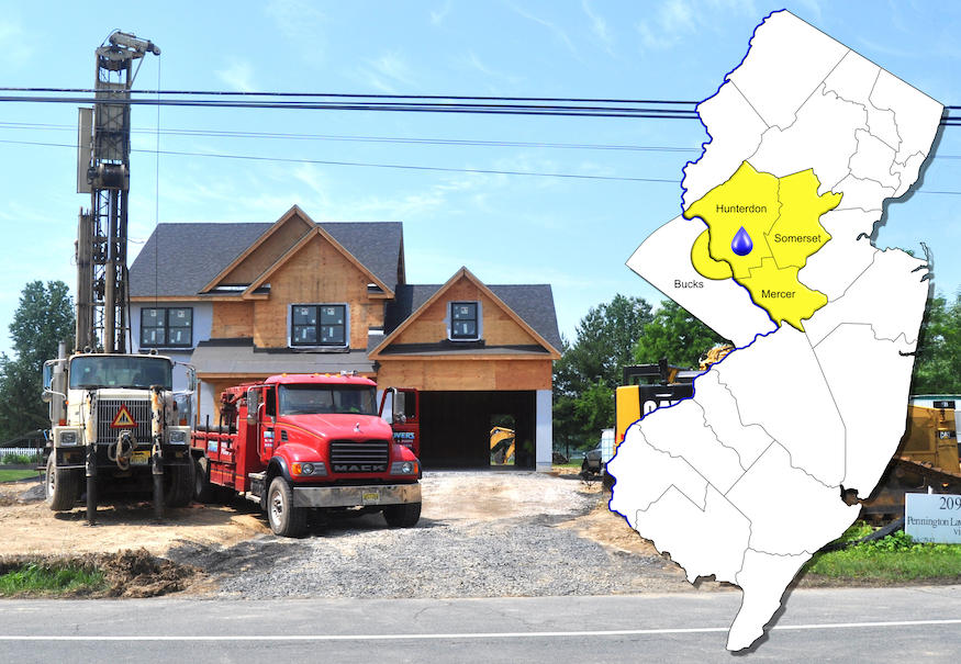 Well drilling picture with a map of New Jersey